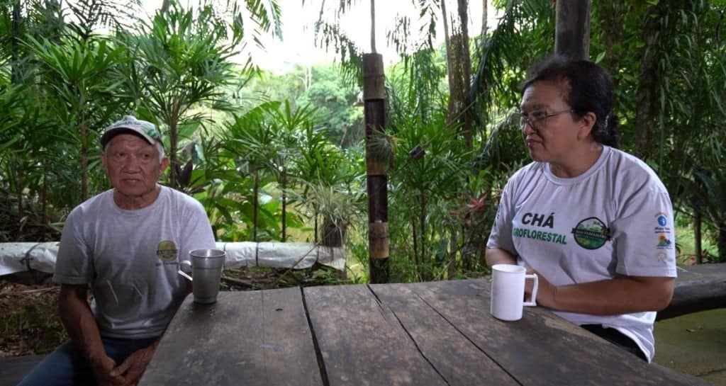 Duas pessoas sentadas em frente a uma mesa de madeira com o fundo de plantação de chá