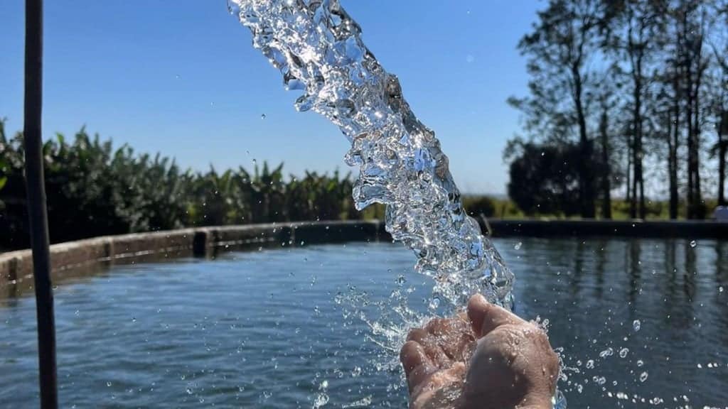 Detalhe de água límpida caindo em bebedouro de bovinos de corte. Foto: Divulgação/Agropecuária Maragogipe